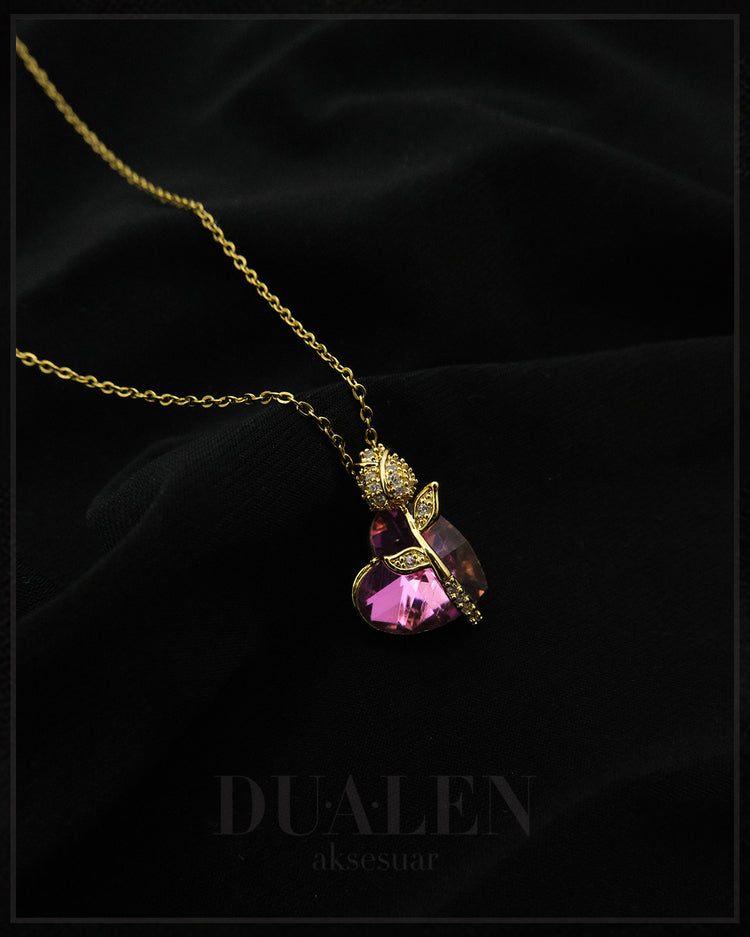 Rose Amethyst Kalp Çelik Kolye ( Gold )