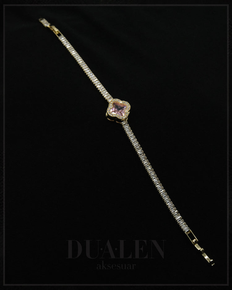 Zirkonyum Pembe Su Yolu Yonca Bileklik ( Gold )