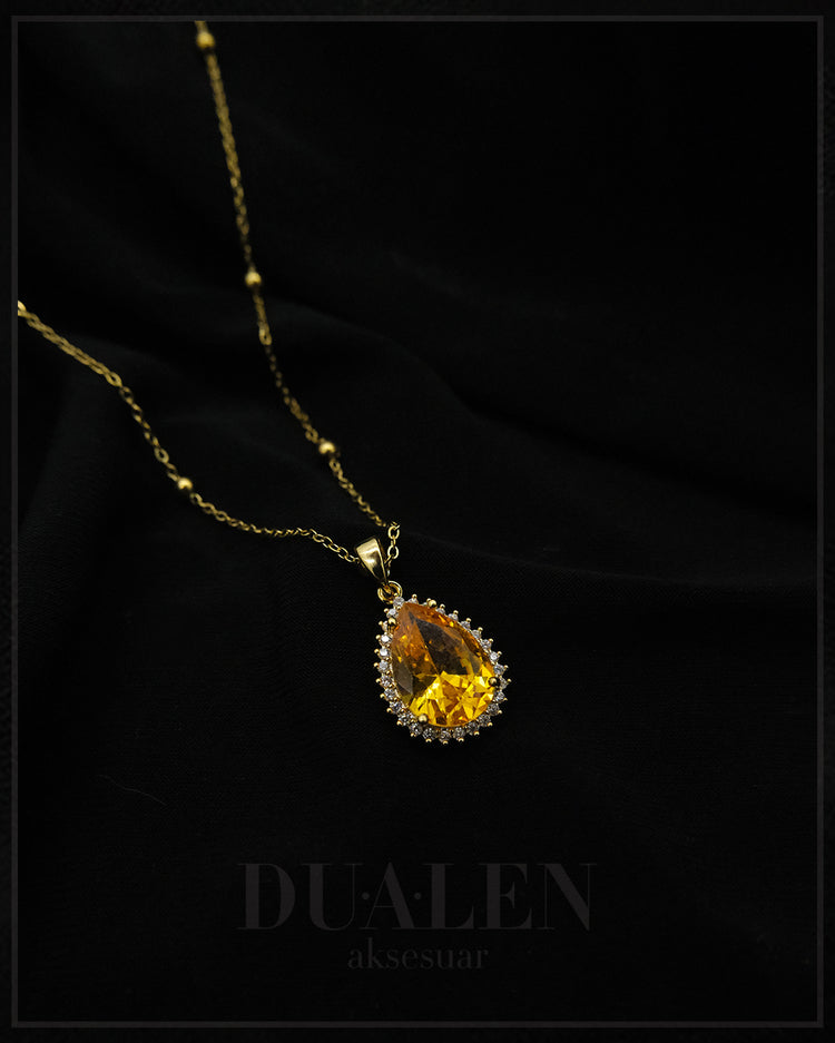 Turuncu Taşlı Damla Çelik Kolye ( Gold )